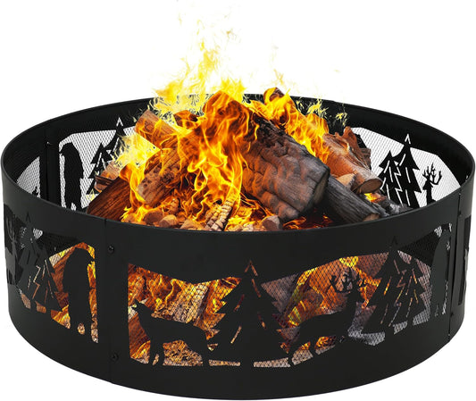Sunnydaze 36-Inch Outdoor Fire Ring - Portable Metal Fire Pit Ring for Camping or Backyard - 360-Degree Wildlife Cutouts - Forest Wilderness