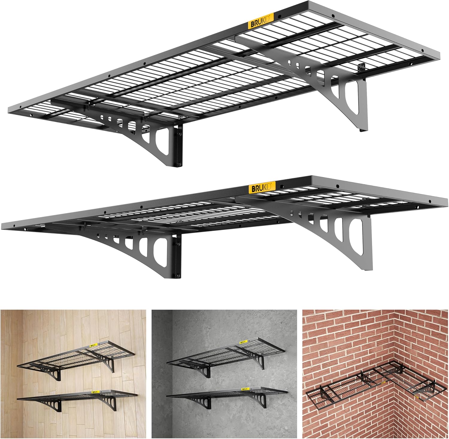 Brukid 1.64x4ft Adjustable Rail Wall Garage Storage Shelf, for Tool Room, Storage Room, Store Supermarket Wall Storage Shelving Rack (2 Pack-Black)