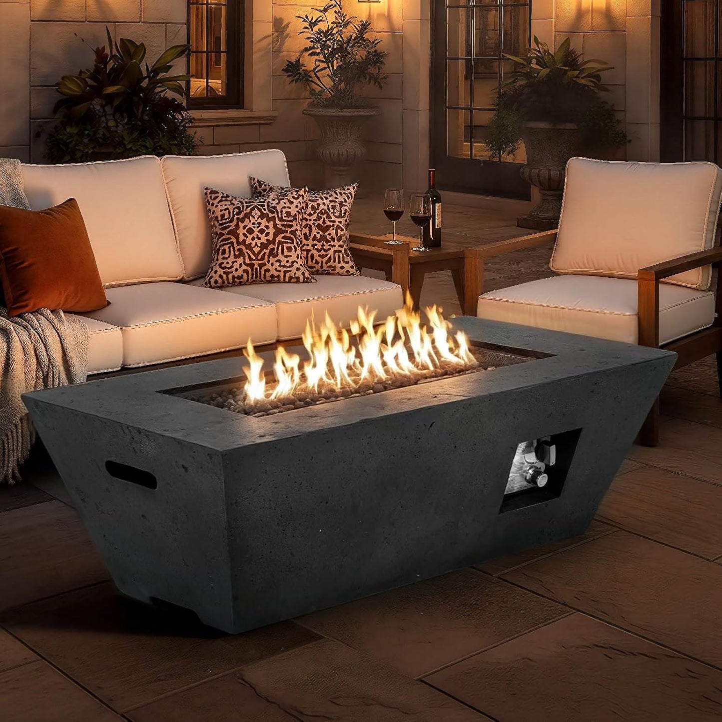 ECOTOUGE Trapezoid Gas Fire Pit, 42'' Outdoor Propane Firepit Table Set w/Side Handles, Auto-Ignition Steel Fire Table, 50,000 BTU Concrete fire Pit, Weather-Resistant Pit Cover,smokeless, Black