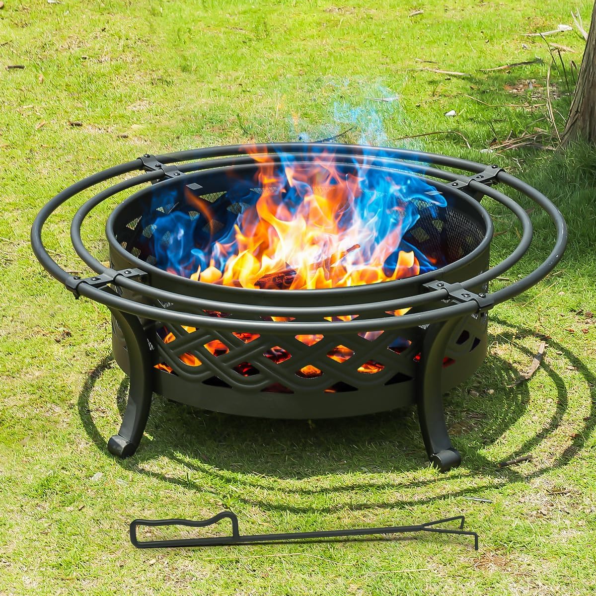 Panovue 36 Inch Fire Pit with 2 Loops,Crossweave Wood Burning Fire Pits for Outside,with Spark Screen,Fire Poker,Round Outdoor Firepit for Patio,Yard,Garden,Camping,Bonfire(36''Black)