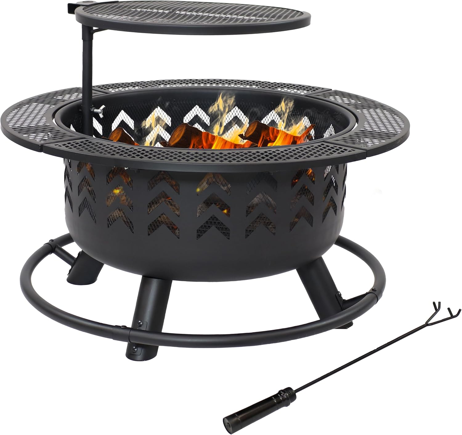 Sunnydaze Arrow Motif 32.75-Inch Round Wood-Burning Fire Pit for Outside - Includes Cooking Grate and Cover - Black