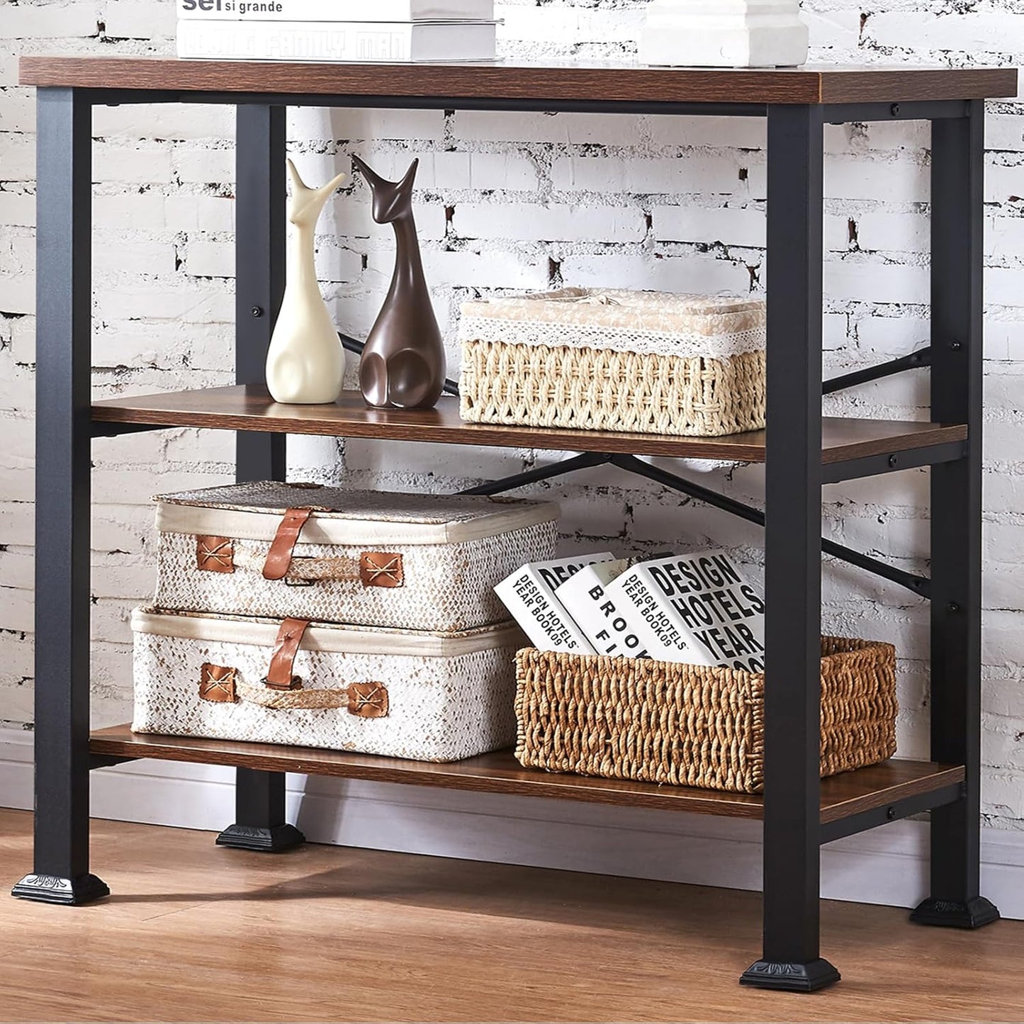 HOMBAZAAR 3 Tier Bookshelf,Rustic Brown Industrial Book Shelf,Engineered Wood and Metal Deep Bookcases,Low Shelf Bookcase for Living Room,Office,Bedroom and Kitchen