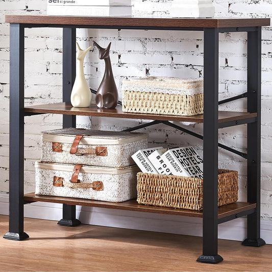 HOMBAZAAR 3 Tier Bookshelf,Rustic Brown Industrial Book Shelf,Engineered Wood and Metal Deep Bookcases,Low Shelf Bookcase for Living Room,Office,Bedroom and Kitchen