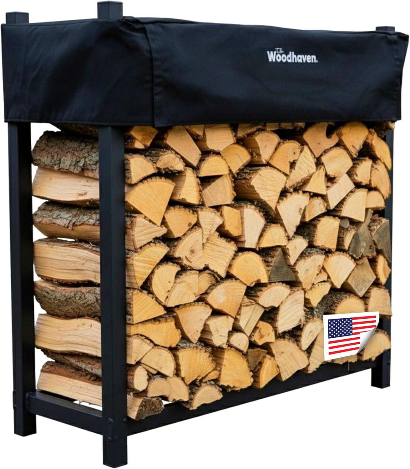 Woodhaven Black 4 Foot - Heavy Duty Made In USA - Indoor Outdoor - 1\/4 Cord Firewood Storage Log Rack With Seasoning Cover Combo Set - Metal Log Storage - 48\u201D x 48\u201D