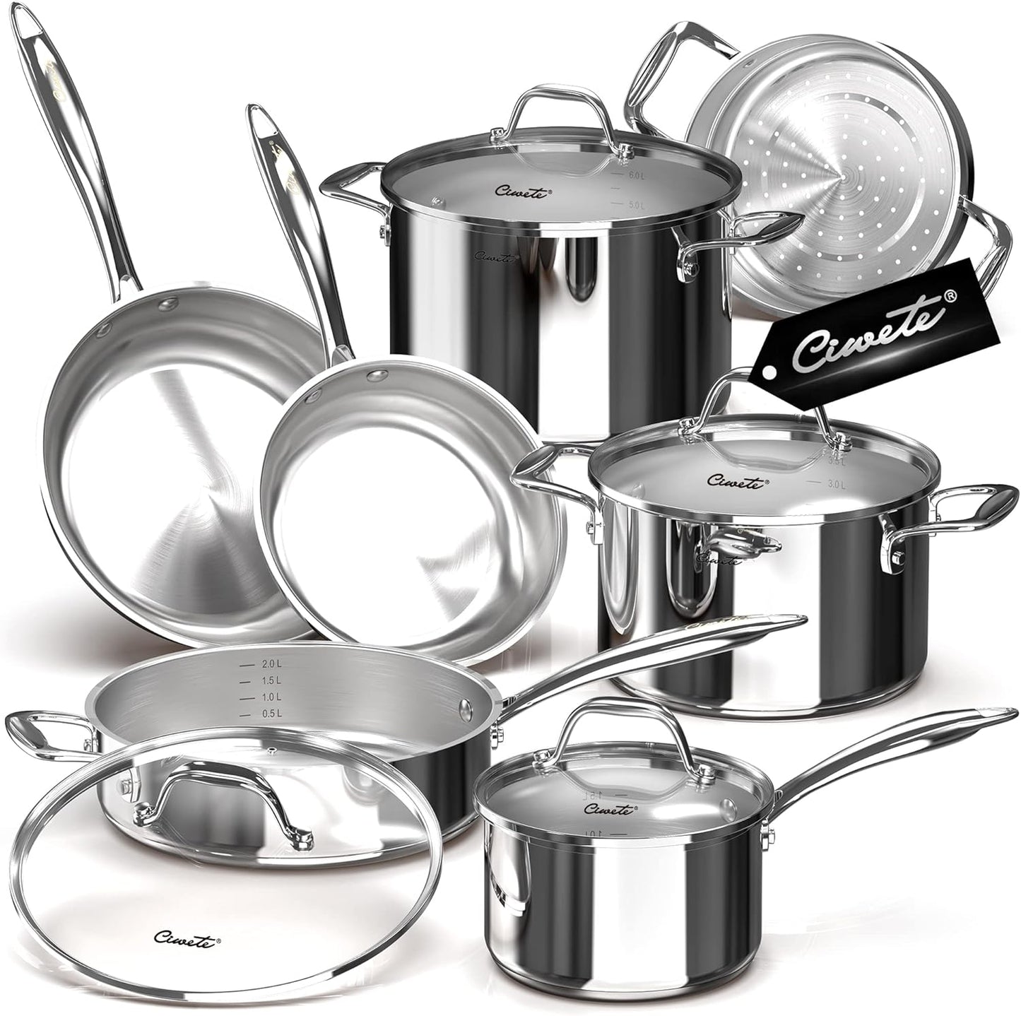 Ciwete Tri-Ply Stainless Steel Pots and Pans Set 11-PC, 18\/10 Stainless Steel Induction Cookware Set with Steamer Insert, Kitchen Cookware Sets with Stay Cool Ergonomic Handles, Dishwasher, Oven Safe