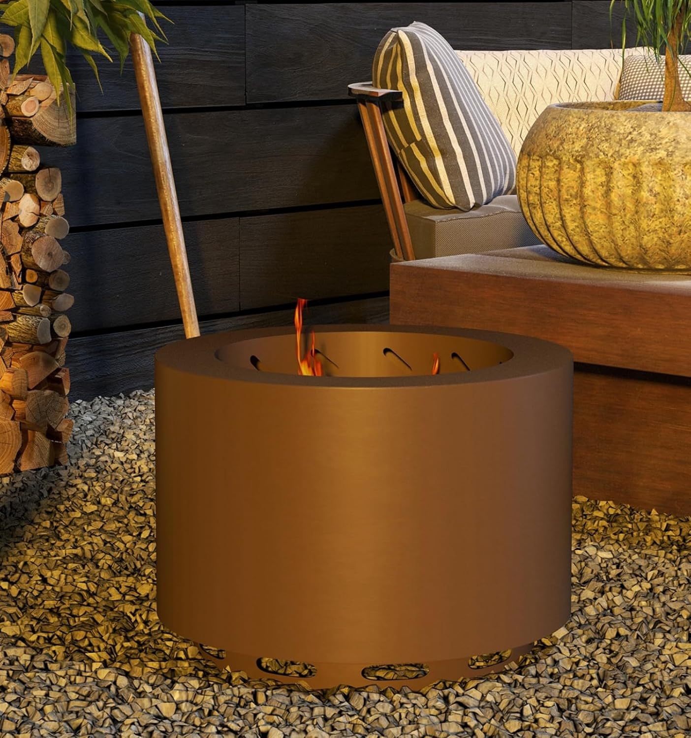 19 inch Bronze smokeless Pit Stainless Steel Heat-Resistant Outdoor Brazier with 25.5-inch Matchstick Assembly Free Courtyard Camping Campfire Basin