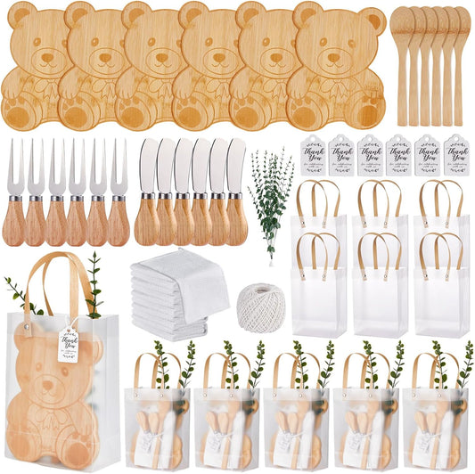 55Pcs Baby Shower Prizes for Game Winners 6 Sets Bear Shaped Cheese Board Gift with Spoons Butter Spreaders Gift Bags Kitchen Towels Bridal Shower Party Favors for Guests (Bear Shaped, 6 Sets)