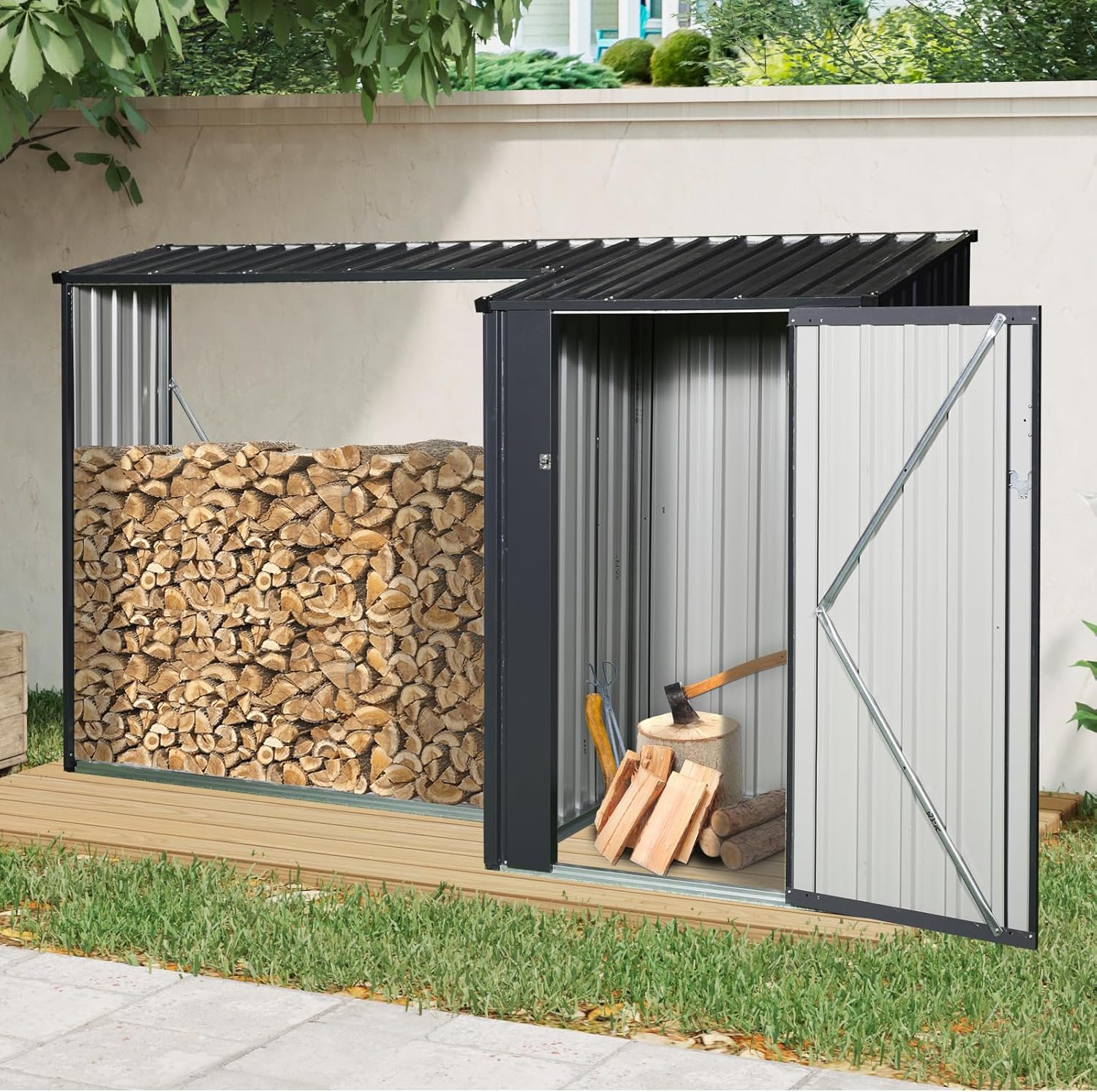 ESPIDOO Outdoor Steel Firewood Rack Shed: Heavy-Duty Galvanized Metal Storage with Sloped Roof - Two-in-One Design for Firewood & Tool Organization - Weather-Resistant Yard Shed for Home & Garden