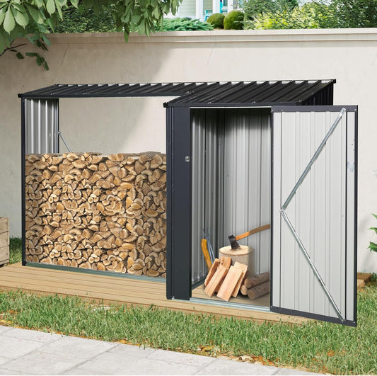 ESPIDOO Outdoor Steel Firewood Rack Shed: Heavy-Duty Galvanized Metal Storage with Sloped Roof - Two-in-One Design for Firewood & Tool Organization - Weather-Resistant Yard Shed for Home & Garden