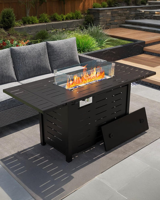 GarveeLife 55" Propane Fire Pit Table, 48000 BTU Gas Fire Pit Table with Ignition System, Outdoor Fire Table with Glass Rocks for Patio Garden Backyard, Rain Cover and Wind Guard Glass Included