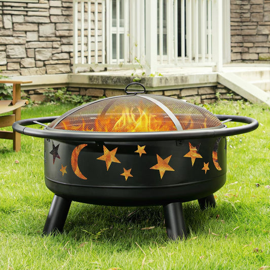 32 Inch Round Fire Pit with Mesh Cover, Fire Poker, Star and Moon Design, Metal Wood Burning Outdoor Firepit for Patio, Backyard, Garden, Bonfire Party,Perfect for Christmas, Thanksgiving, Halloween