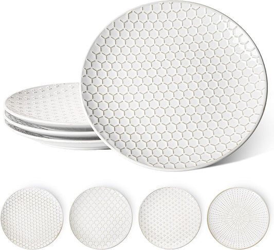LE TAUCI Dinner Plates 10 Inch, Ceramic Dish Set for Kitchen, Embossed Serving Dish, Microwave Oven Dishwasher Safe, For Housewarming or Wedding - Set of 4, Arctic white
