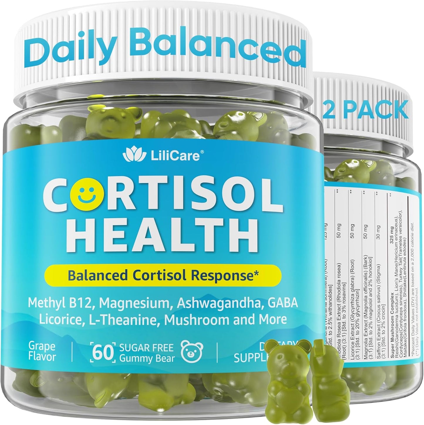Cortisol Gummies for Women & Men, Sugar Free Cortisol Reducer Supplements w\/ Magnesium, Ashwagandha, Mushroom, L-theanine, Rhodiola, Vitamin B6 B12 for Cortisol Health, Relax, Sleep Support 2 Pack