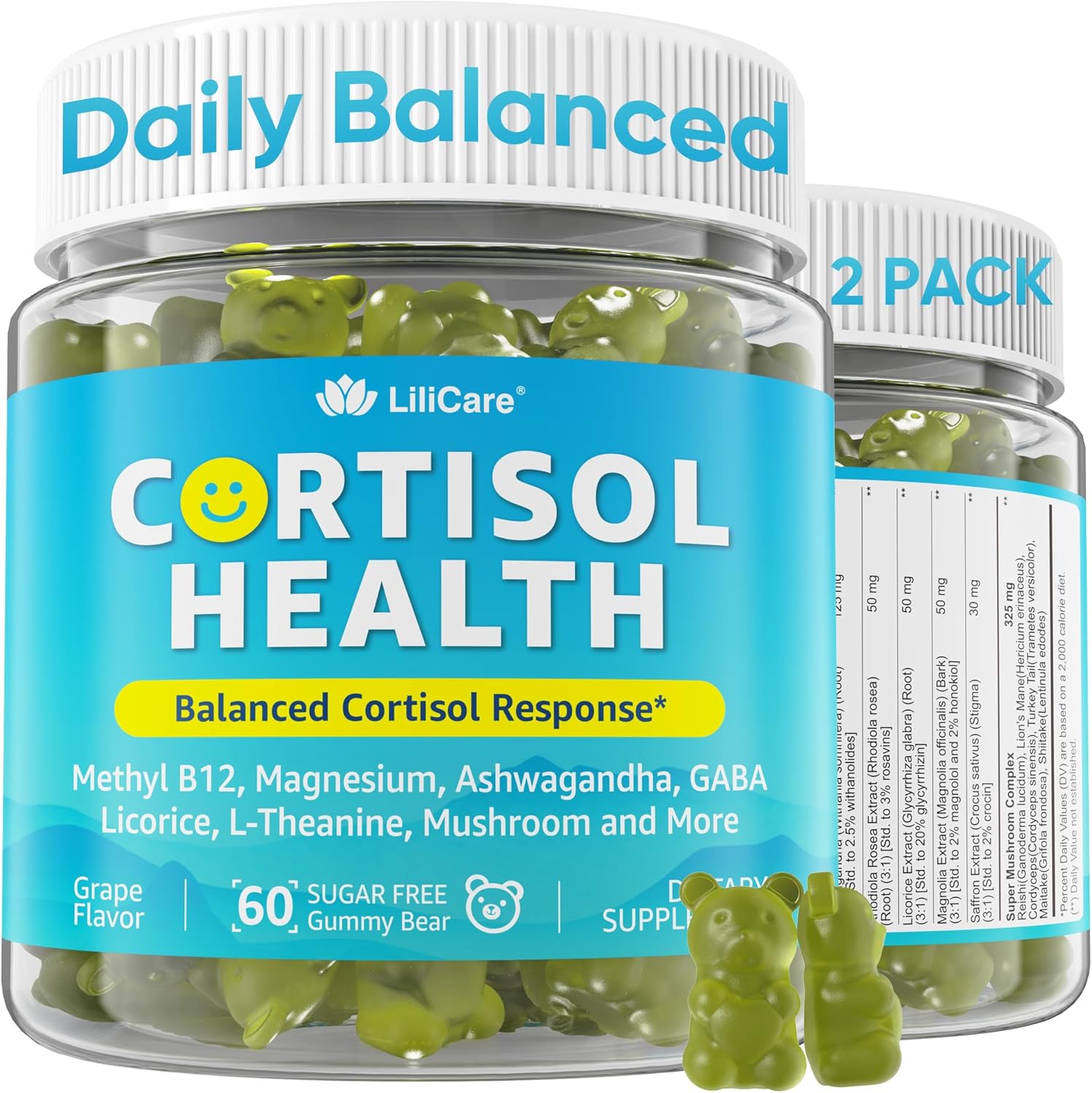 Cortisol Gummies for Women & Men, Sugar Free Cortisol Reducer Supplements w\/ Magnesium, Ashwagandha, Mushroom, L-theanine, Rhodiola, Vitamin B6 B12 for Cortisol Health, Relax, Sleep Support 2 Pack