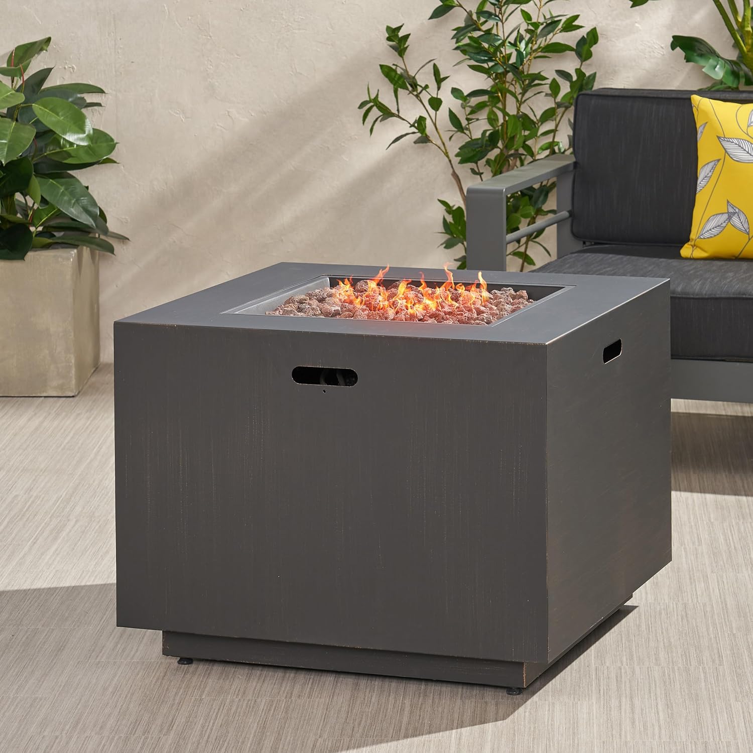 Merax 31" Outdoor Iron Square Propane Fire Pit, Tank Inside, Brushed Brown - 50,000 BTU，Brown