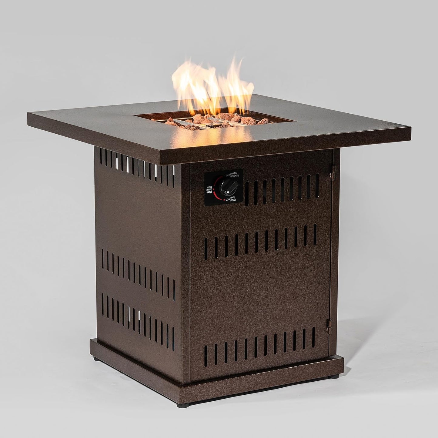 28-inch Propane Fire Pit Table, 50,000 BTU Square Steel Outdoor Table with Lid, Brown