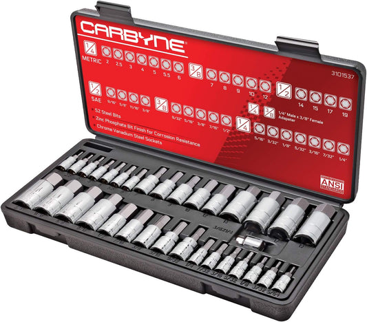CARBYNE 33-Piece Master Hex (Allen) Bit Socket Set | SAE & Metric. Includes Metric 2mm - 19mm, SAE 5/64 in. - 3/4 in., S2 Steel Bits, Cr-V Sockets, Durable Case | 1/4, 3/8, & 1/2 in. Drive