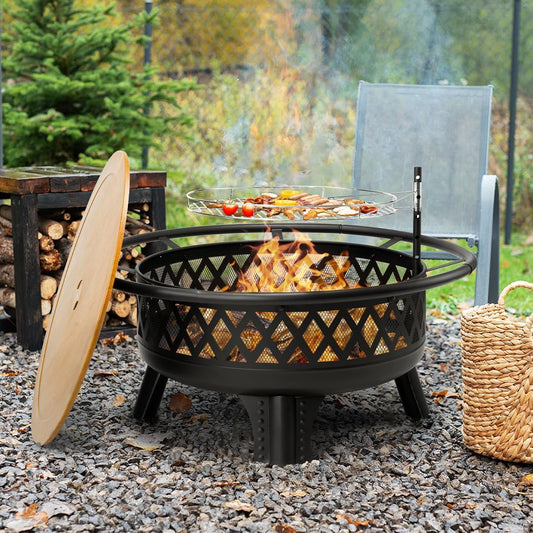 Panovue 38 Inch Wood Burning Fire Pit for Outside, Round Firepit with Grill & Metal Lid, Metal Outdoor Fire Pit Table for Patio Backyard Garden Bonfire Party