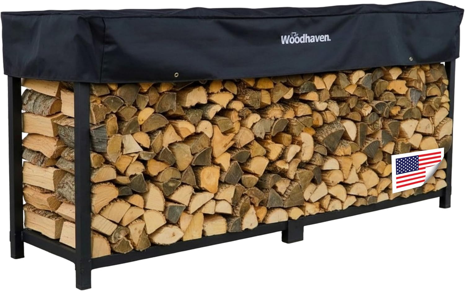 Woodhaven 8-Foot Firewood Rack \u2013 American Brand \u2013 1\/2 Cord Raised Lumber Storage Rack \u2013 Keeps Wood Dry & Ready \u2013 Heavy-Duty Steel, Lifetime Structural Warranty (With Cover)