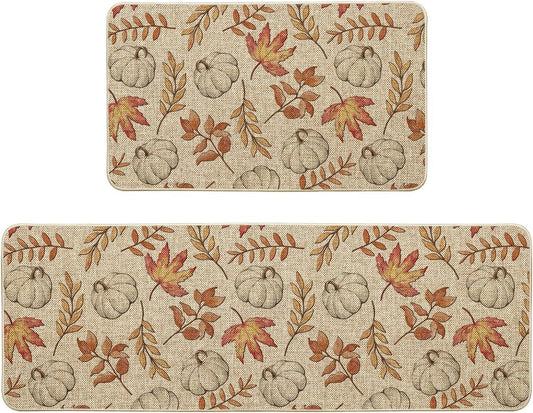 Artoid Mode Pumpkins Fall Kitchen Mats Set of 2, Autumn Maple Leaves Home Decor Low-Profile Kitchen Rugs for Floor - 17x29 and 17x47 Inch