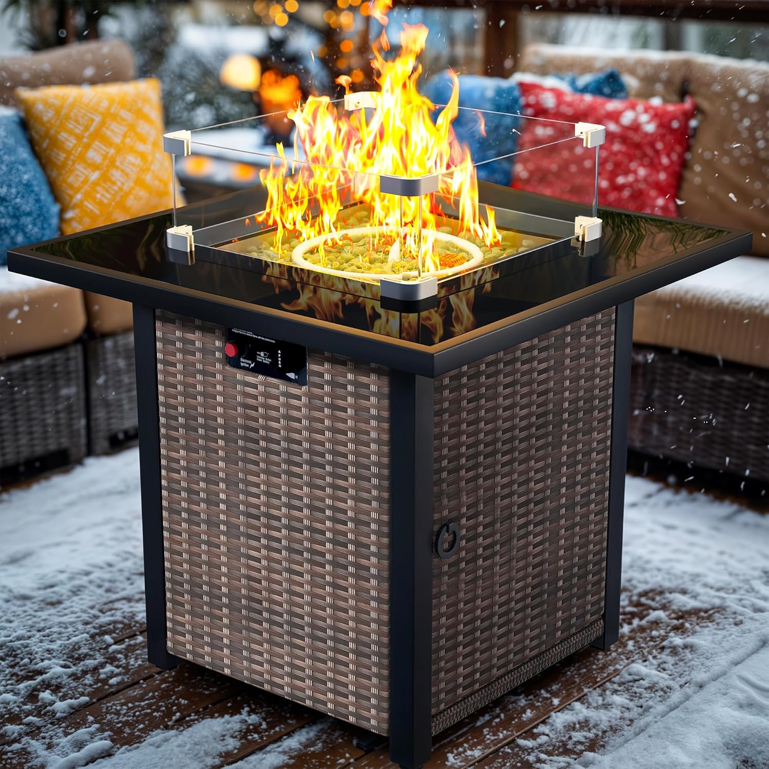 Propane Fire Pit Table, Outdoor Fire Pit Table, 28" Rattan Square Outdoor Gas FirePit with Glass Wind Guard, Tempered Glass Tabletop, Lid, CSA Listed, 50,000 BTU, Outside Patio Deck & Garden, Brown