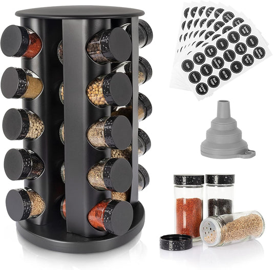 Black Countertop Rotating Spice Rack, Round Empty 20-Jars Revolving Spice Rack Organizer, 135 Spice Labels with Funnel Complete Set, for Kitchen Countertop, Cabinet