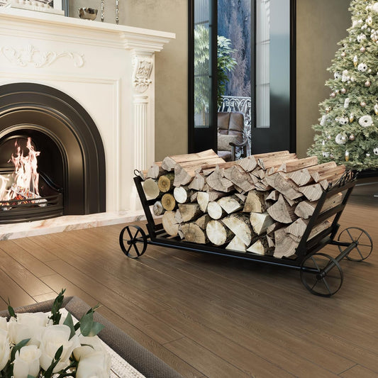 Lovinouse Firewood Rack Outdoor Indoor with Wheels, Heavy Duty Metal Firewood Carrier, Stable Fire Wood Rack for Outdoor Storage, Large Fire Wood Storage Log Holder for Fireplace Patio,Firepit, Black
