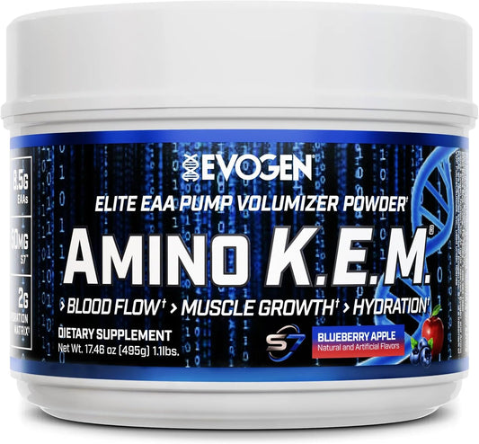 Evogen Amino K.E.M. - EAA & BCAA Powder Pump Volumizer | BCAAs Amino Acids Supplement for Blood Flow, Muscle Growth, & Hydration | Blueberry Apple | 30 Servings