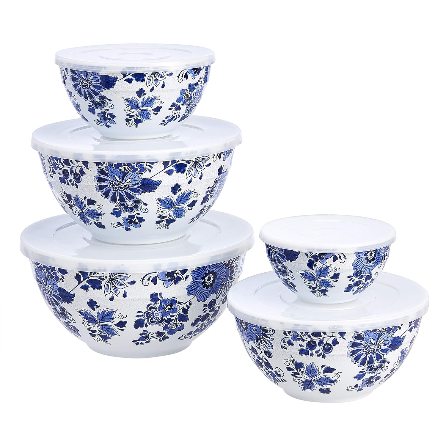 Amazon Basics Nesting Melamine Mixing Round Bowl with Lid and Non-Slip Base, 5 Sizes, Blue and White Floral, Set of 10, 4 quarts, 3 15\/16",7 9\/16",8 7\/8",10",11 1\/4"