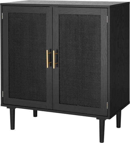 Finnhomy Sideboard Buffet Kitchen Storage Cabinet with Black Painted Rattan Decorated Doors, Dining Room, Hallway, Cupboard Console Table, Liquor\/Accent Cabinet, 31.5X 15.8X 34.6 Inches, Black