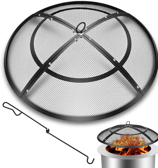 Fire Pit Spark Screen,36 Inch Fire Pit Screen Cover Outdoor with Handle&Poker,Heavy-Duty Steel Firepit Screens Cover Round Mesh Replacement for Backyard\/Beach\/RV Camping