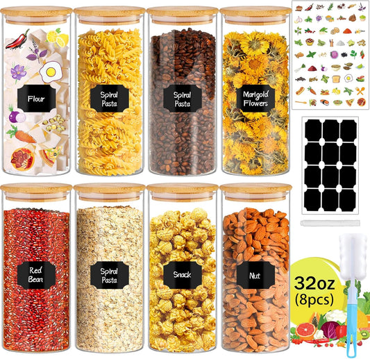 BGraceyy 32 oz 8 Pcs Glass Jars with Bamboo Lids, Stackable Clear Food Storage Jars, Airtight Kichen Glass Pantry Storage Containers with Lids for Rice, Candy, Sugar, Flour, Nuts, Cookie, Coffee Bean