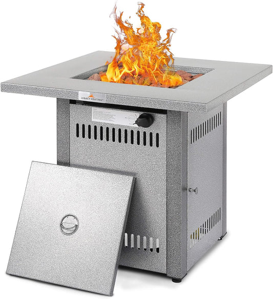 28 Inches 50,000 Btu Outdoor Propane Fire Pit Table with Lid Lava Rocks – 2-in-1 Silver Patio Fireplace for Courtyard, Balcony, and Dining