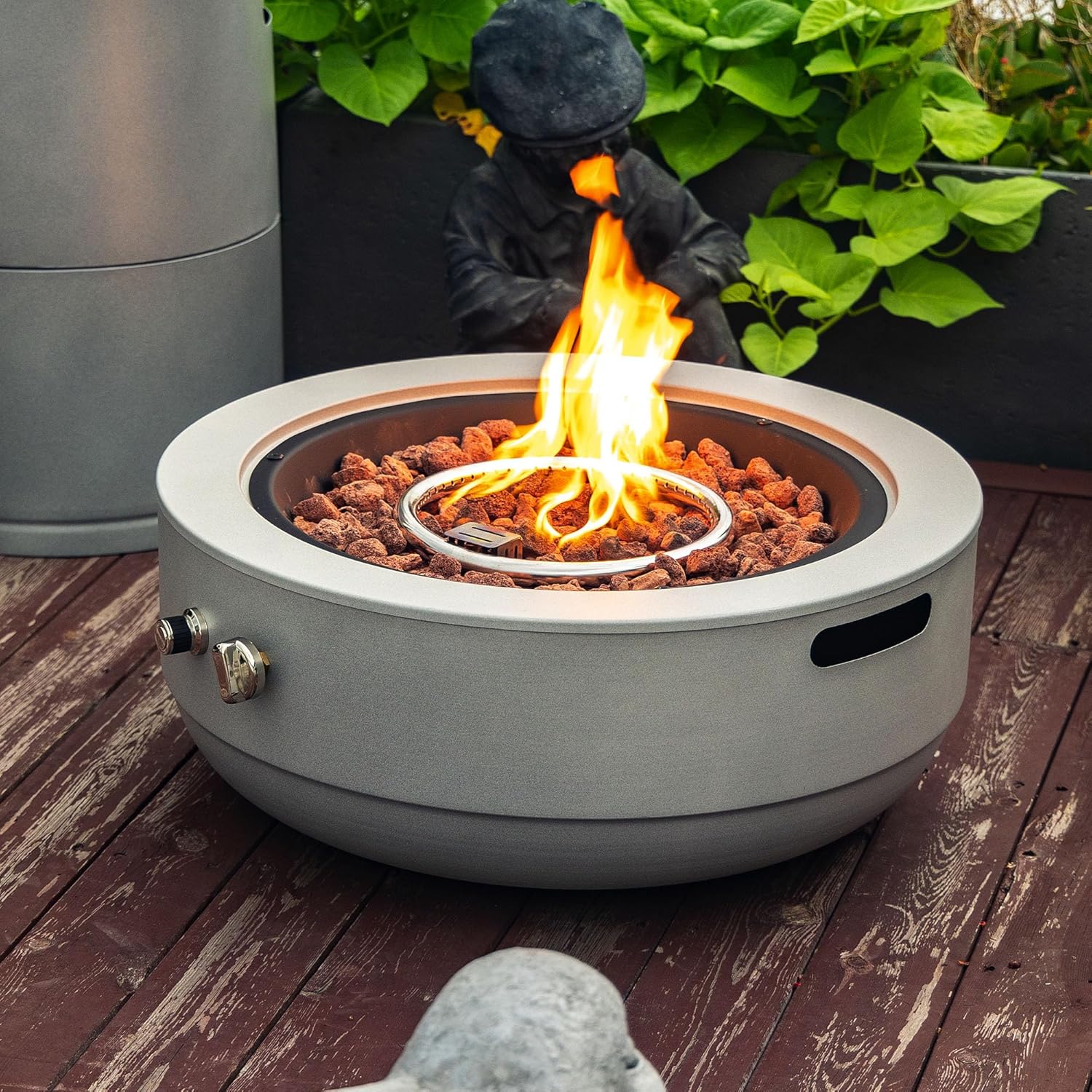 24" Propane Gas Fire Pit, 50000 BTU Outdoor Steel Fire Pit Bowl with Lid, Electronic Ignition & Lava Rocks, Concrete Grey Patio Heater for Deck, Backyard, Garden