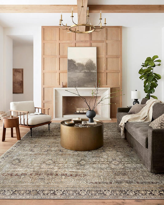 Loloi Layla Collection LAY-03 Olive\/Charcoal 3'-6" x 5'-6" .13" Thick Accent Rug, Soft, Durable, Vintage Inspired, Distressed, Low Pile, Non-Shedding, Easy Clean, Printed, Living Room Rug