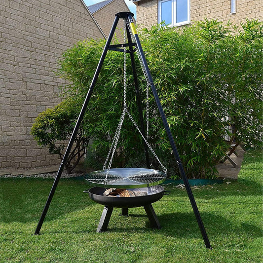 Outdoor Height-Adjustable Hanging Tripod Campfire Cooking Equipment,Portable Camping Campfire Grill,Heavy Duty Firepit Grill,for Outdoor Cookin