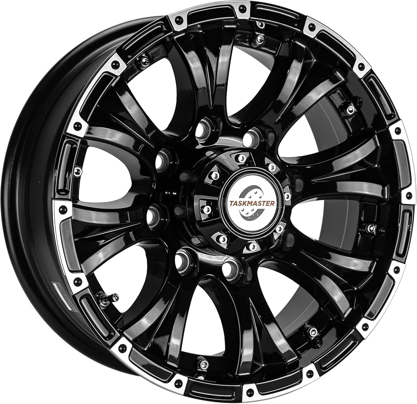 TASKMASTER Viking Series Machined Lip Gloss Black Aluminum HD Trailer Wheel with Chrome Cap - 16in x 6.5in 8 On 6.5-4450 LB Load Carrying Capacity - 0 OffsetTrailer Use Only