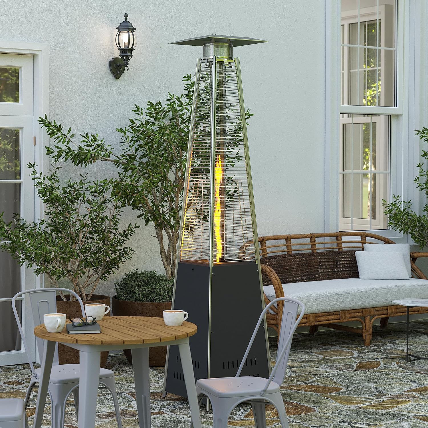 Merrick Lane Tarin Outdoor Patio Heater - Slate Gray Pyramid Heater - 7.5 Feet Tall Portable Outdoor Heater