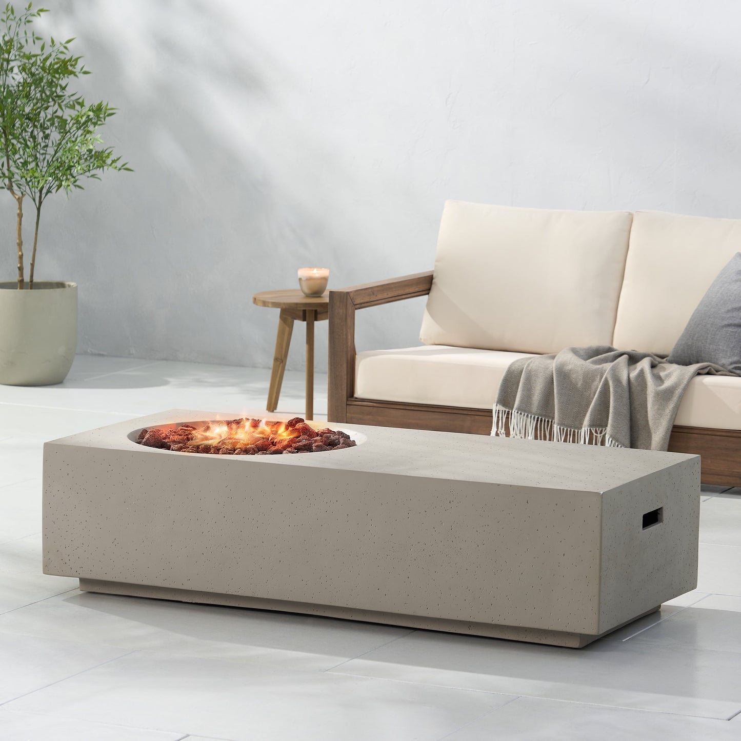 Andreson Lightweight Concrete Outdoor 50,000 BTU Rectangular Fire Pit Table (No Tank Holder), Light Gray