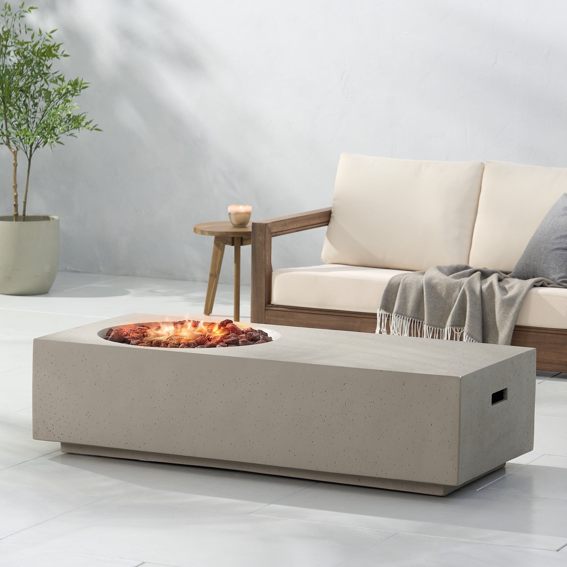 Andreson Lightweight Concrete Outdoor 50,000 BTU Rectangular Fire Pit Table (No Tank Holder), Light Gray