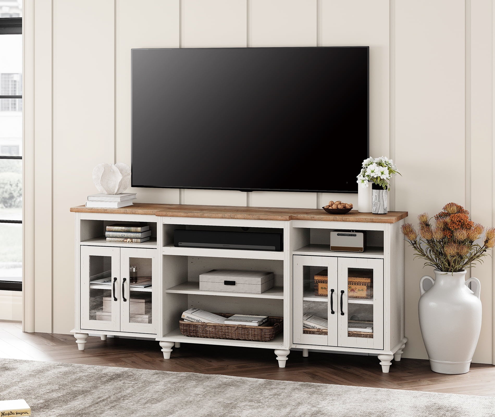 Antique White Farmhouse TV Stand with 4 Glass Doors for TVs up to 75", Highboy Entertainment Center with 9 Storage Compartments, 70" Wooden TV Console for Living Room or Bedroom