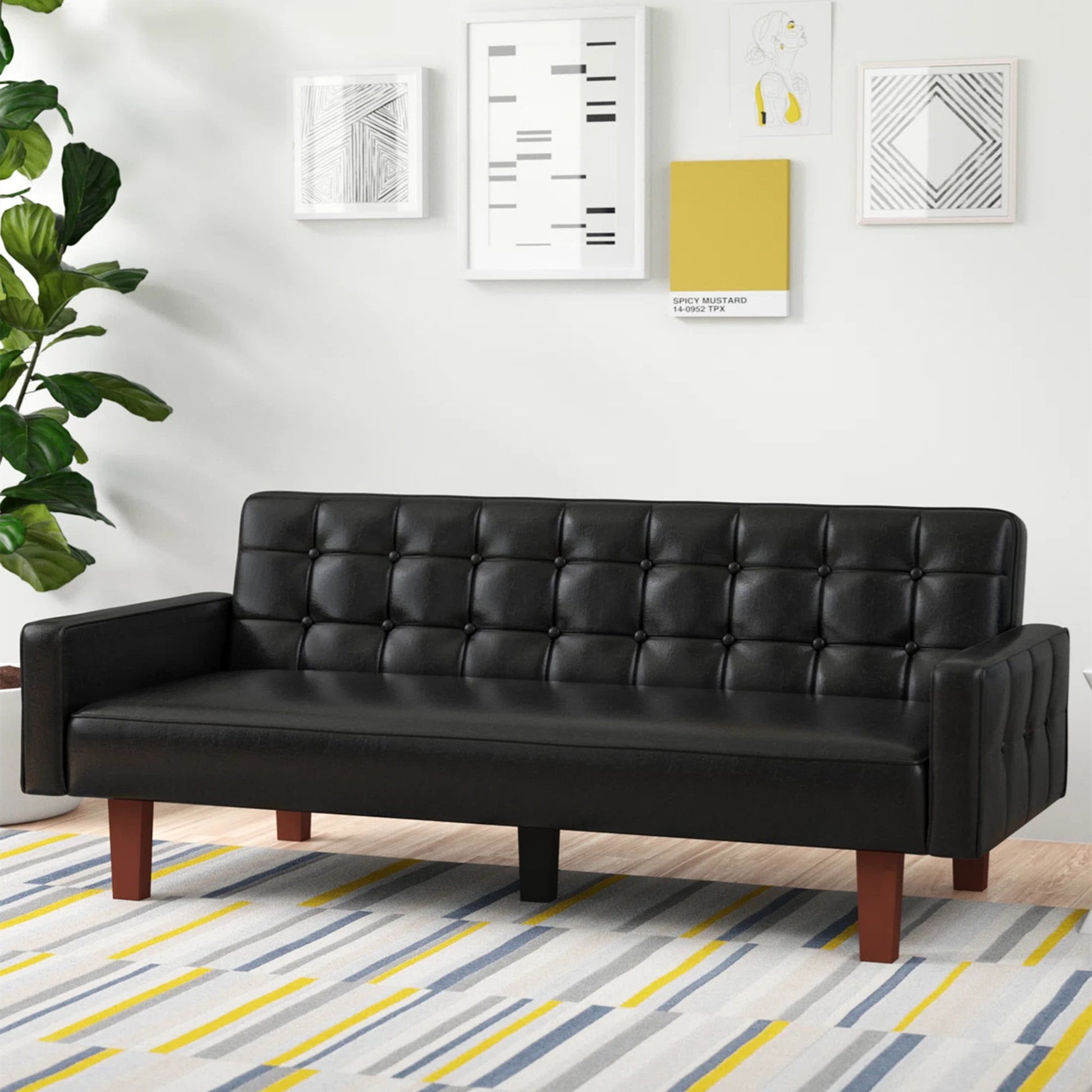 Aukfa 75" Leather Futon Convertible Sofa Bed, Arm Couch for Home Office, Button-Tufted Back, Black