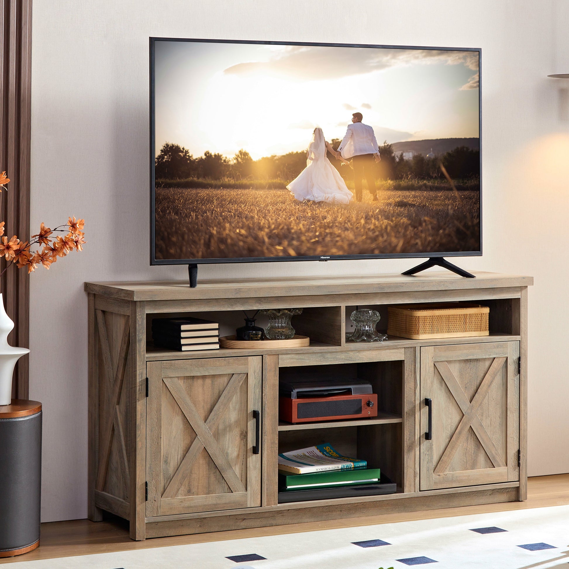 Aukfa Farmhouse Barn Door TV Stand for TVs up to 65'' for Living Room, Gray Wash