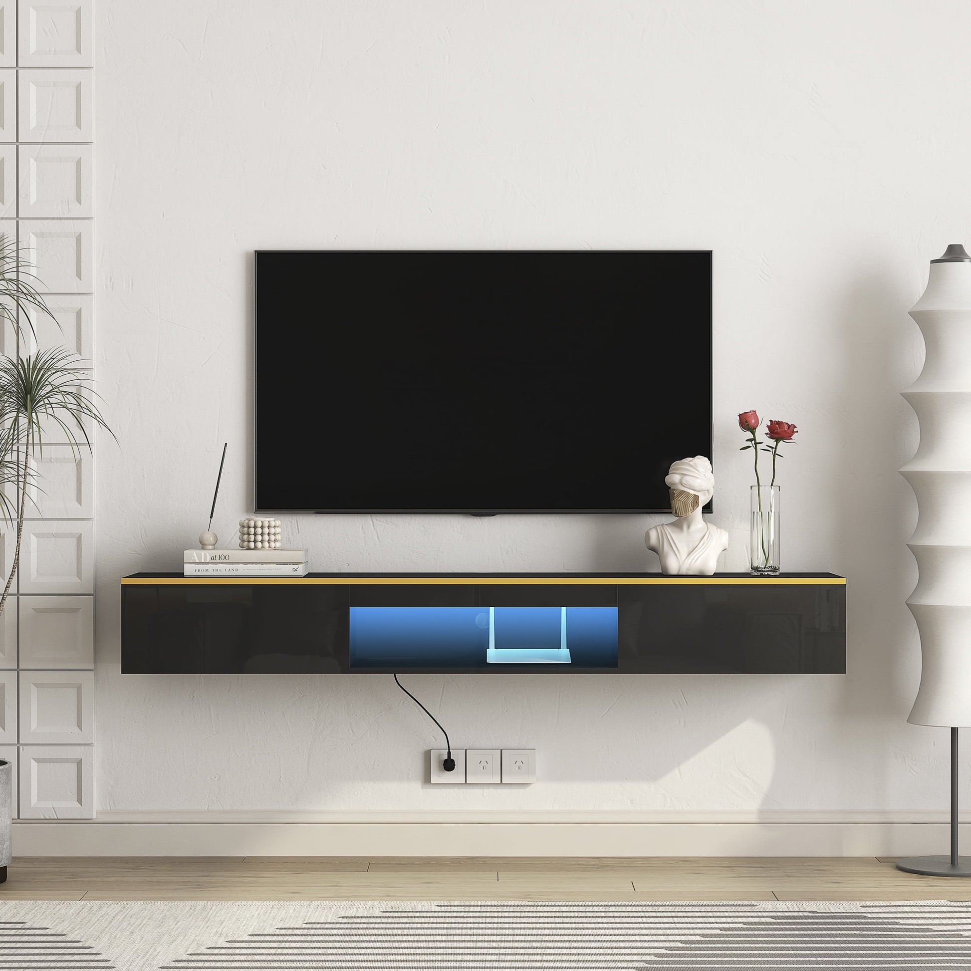 Aukfa Floating TV Stand Wall Mounted for TVs up to 75" with LED Light APP Control & Power Outlet,Black