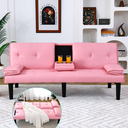 Aukfa Leather Futon Convertible Sofa Bed with 2 Cup Holders&Pillows, Twin Size, Pink