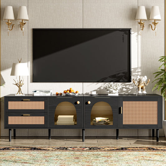 Aukfa Rattan TV Stand for TVs up to 80", LED Media Console,Black