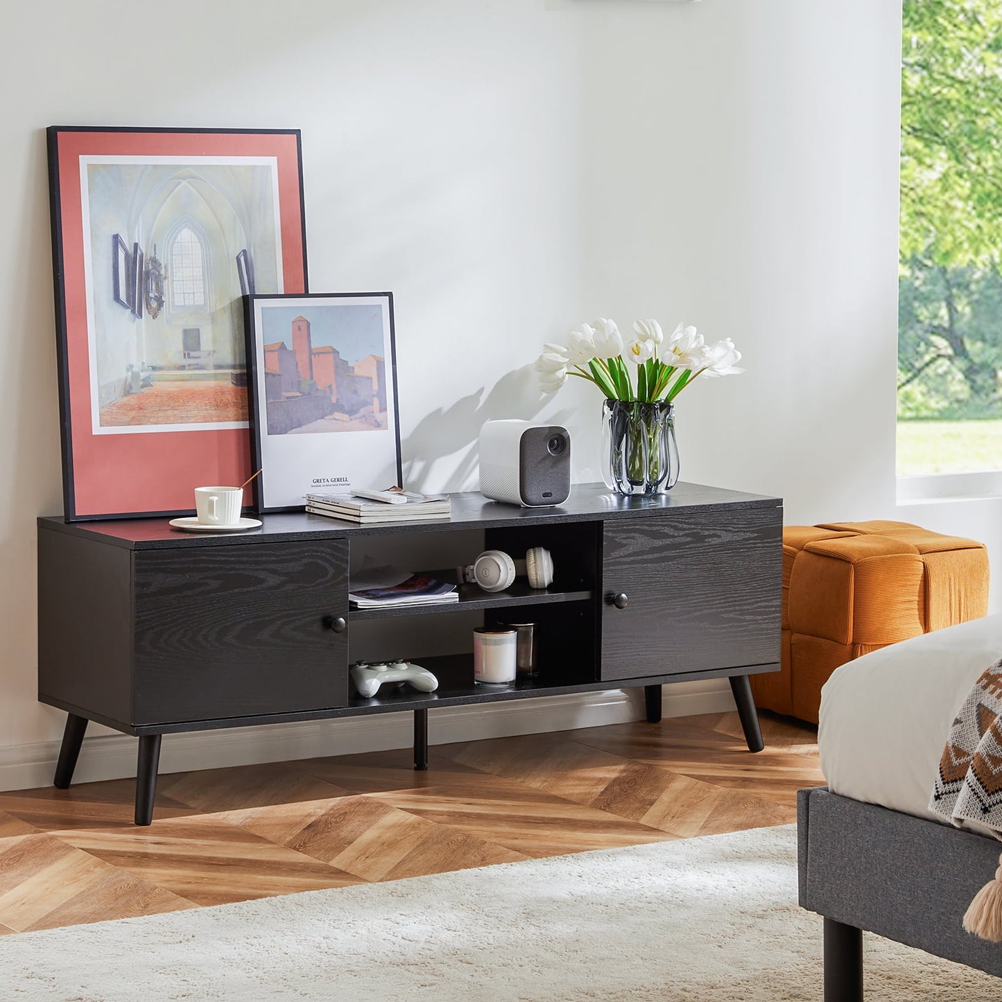 Aukfa TV stand for TVs up to 60"with Storage Cabinets for Living Room Bedroom, Black