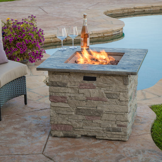 Awalua 32" Square MGO Fire Pit with Grey Top - 40,000 BTU, Natural Stone