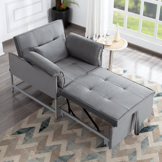 BSHTI 34.3" Convertible Fold Out Sleeper Chair, Sturdy Metal Frame, Velvet Upholstery, 3 Adjustable Angles Reclining Function Sofa Bed, Easy Assembly (Gray)