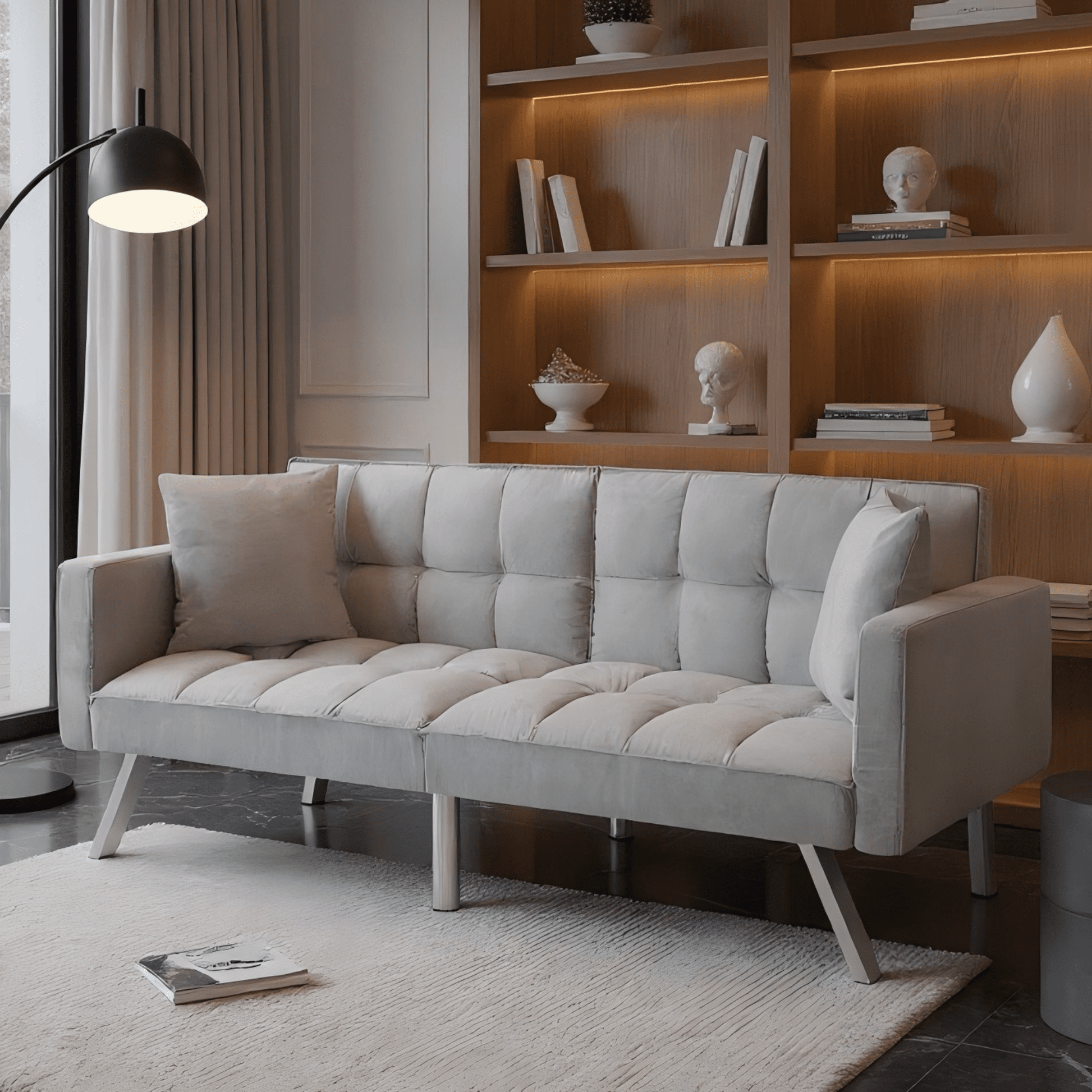 BSHTI 74” x 26.4” Futon Convertible Sofa, 3 Angles for Adjusting, Velvet Fabric, Square-Tufted Upholstery, with Silver Metal Legs, Twin Size Sleeper Sofa, Light Gray